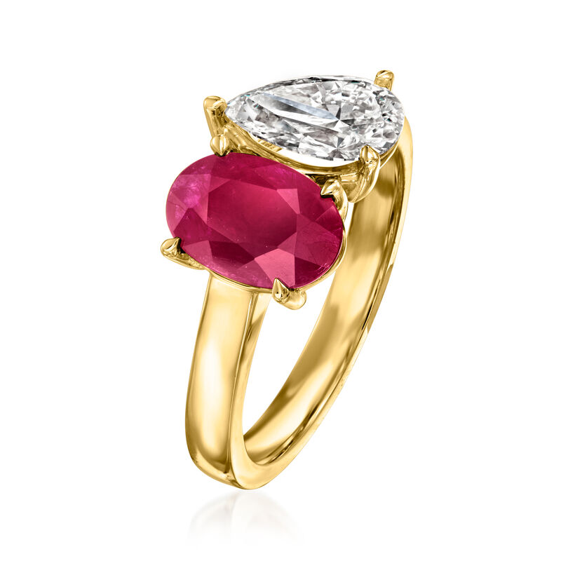 2.00 Carat Oval Ruby and 1.00 Carat Pear-Shaped Lab-Grown Diamond Toi et Moi Ring in 14kt Yellow Gold. Size 8 image number 2