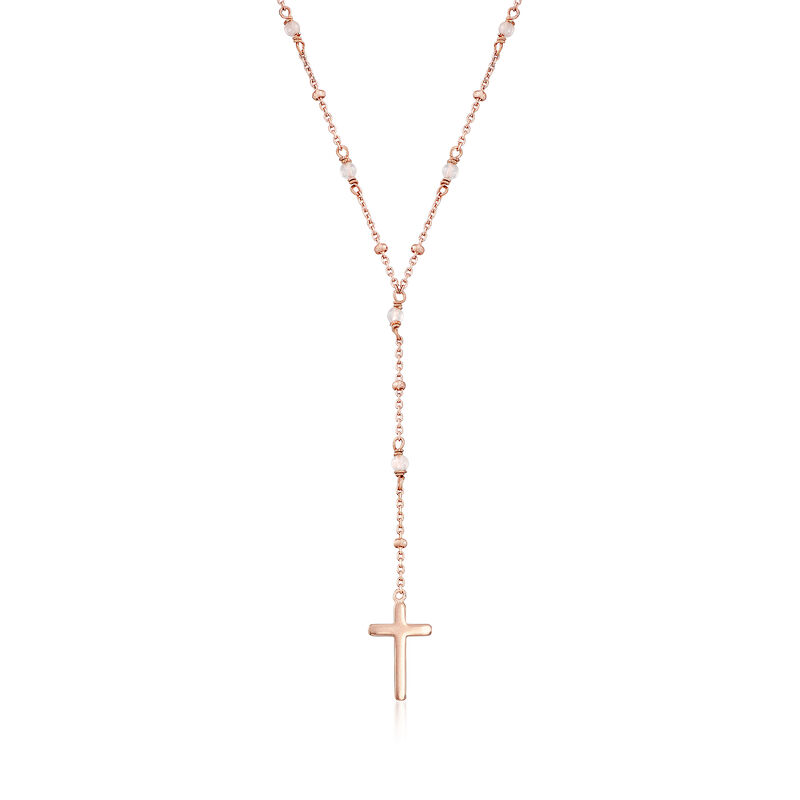 1.60 ct. t.w. Rose Quartz Rosary Beads with Cross Necklace in 18kt Rose Gold Over Sterling. 16&quot; image number 1