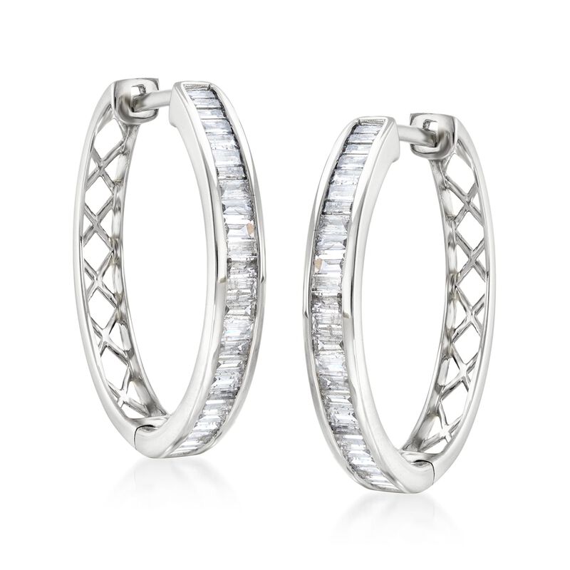 1.00 ct. t.w. Baguette Diamond Hoop Earrings in 14kt White Gold. 7/8&quot; image number 2