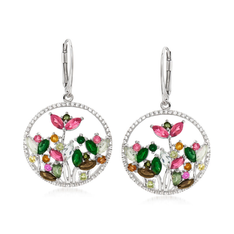 6.90 ct. t.w. Multicolored Tourmaline and 1.10 ct. t.w. White Zircon Open-Space Floral Drop Earrings in Sterling Silver image number 0