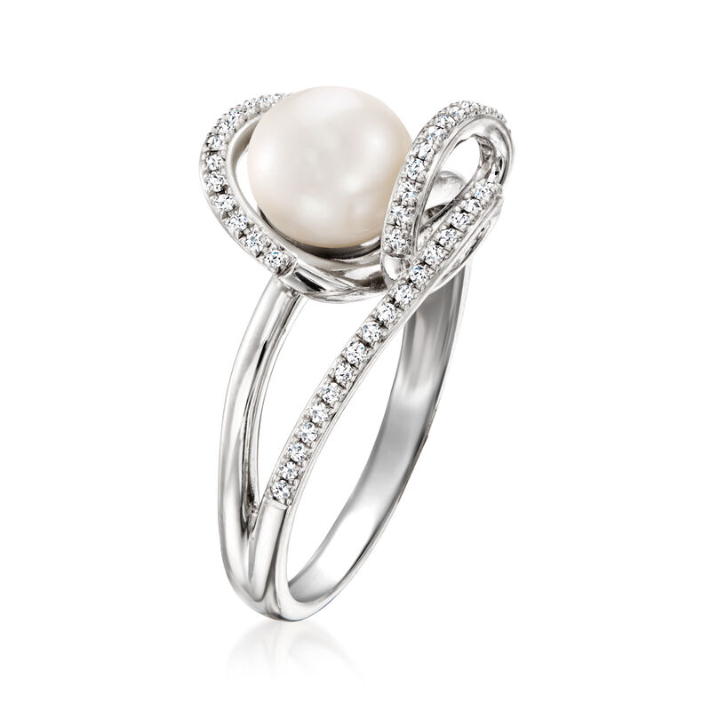 7-7.5mm Cultured Pearl and .15 ct. t.w. Diamond Swirl Ring in Sterling Silver image number 2