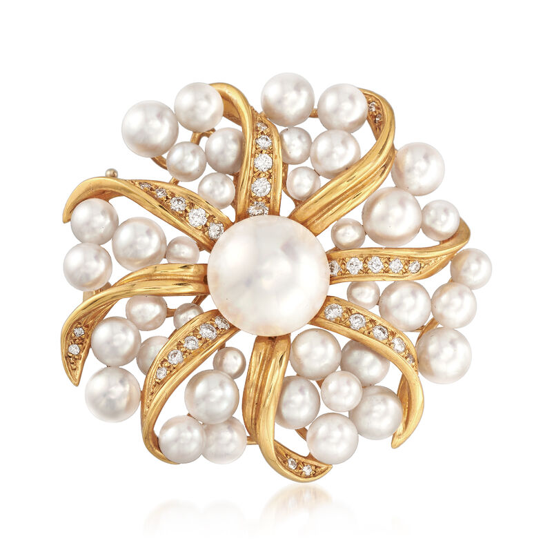 C. 1980 Vintage Tiffany Jewelry Mabe and Cultured Pearl and .45 ct. t.w. Diamond Sunburst Pin in 18kt Gold image number 0