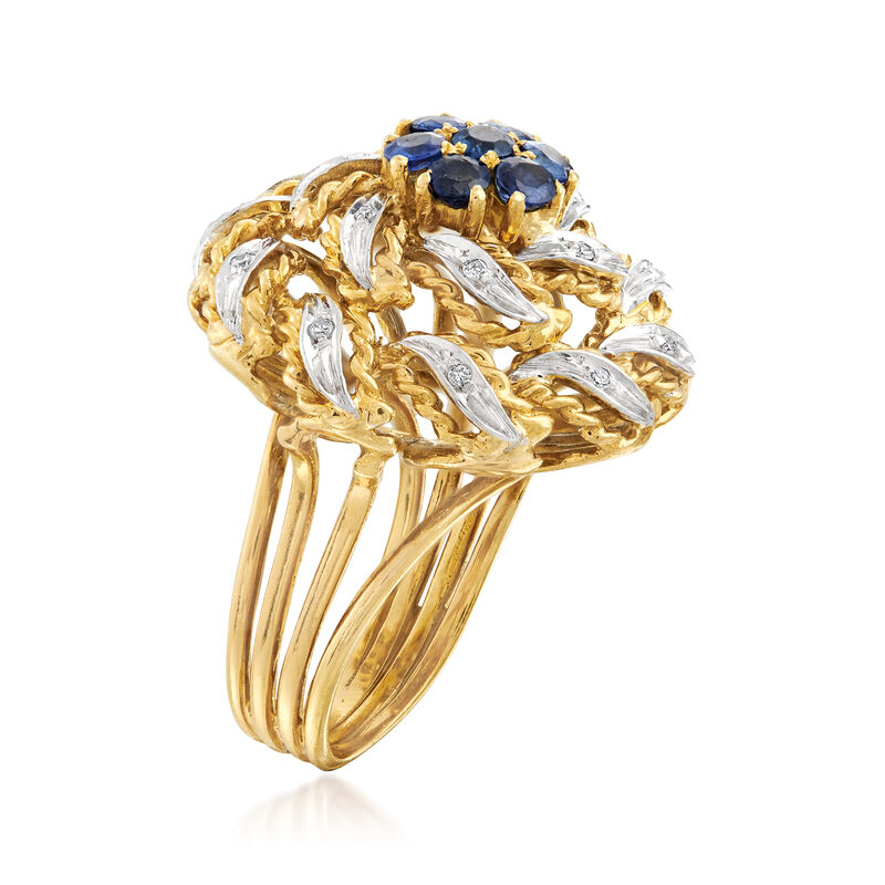 C. 1960 Vintage 1.00 ct. t.w. Sapphire and .10 ct. t.w. Diamond Flower Ring in 18kt Yellow Gold. Size 5 image number 2