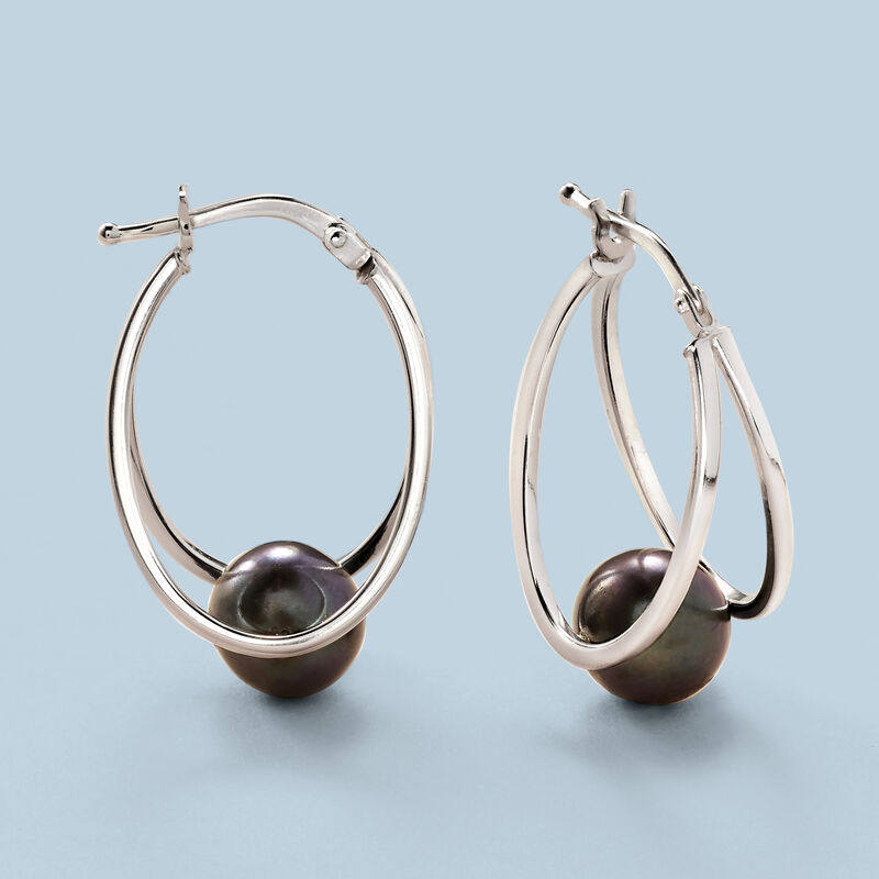 8-9mm Black Cultured Pearl Double-Hoop Earrings in Sterling Silver. 1&quot; image number 2