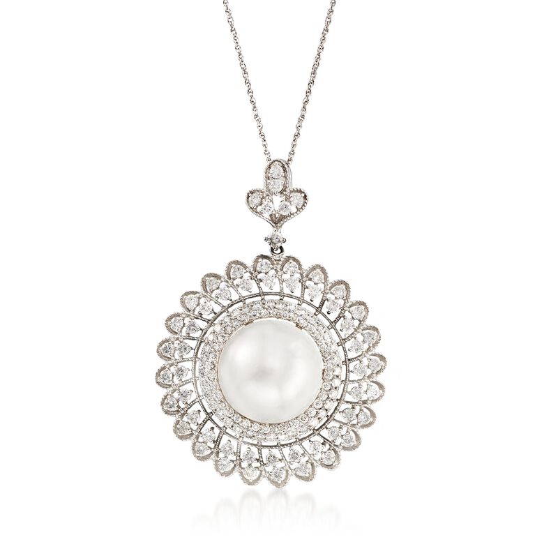 C. 2000 Vintage 13mm Cultured South Sea Pearl and 2.00 ct. t.w. Diamond Pendant Necklace in 14kt White Gold image number 0