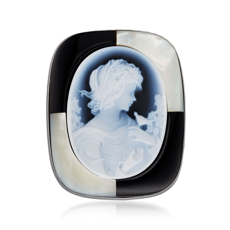 C. 1970 Vintage Blue Agate, Mother-Of-Pearl and Black Onyx Cameo Pin/Pendant in 18kt White Gold image number 2