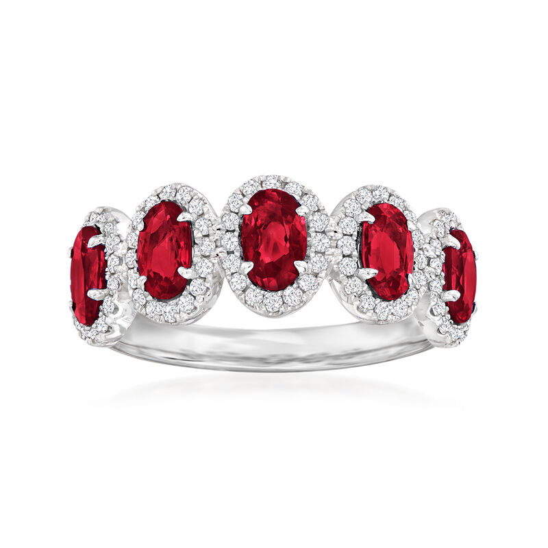 1.40 ct. t.w. Ruby Five-Stone Ring with .27 ct. t.w. Diamonds in 18kt White Gold. Size 8 image number 0