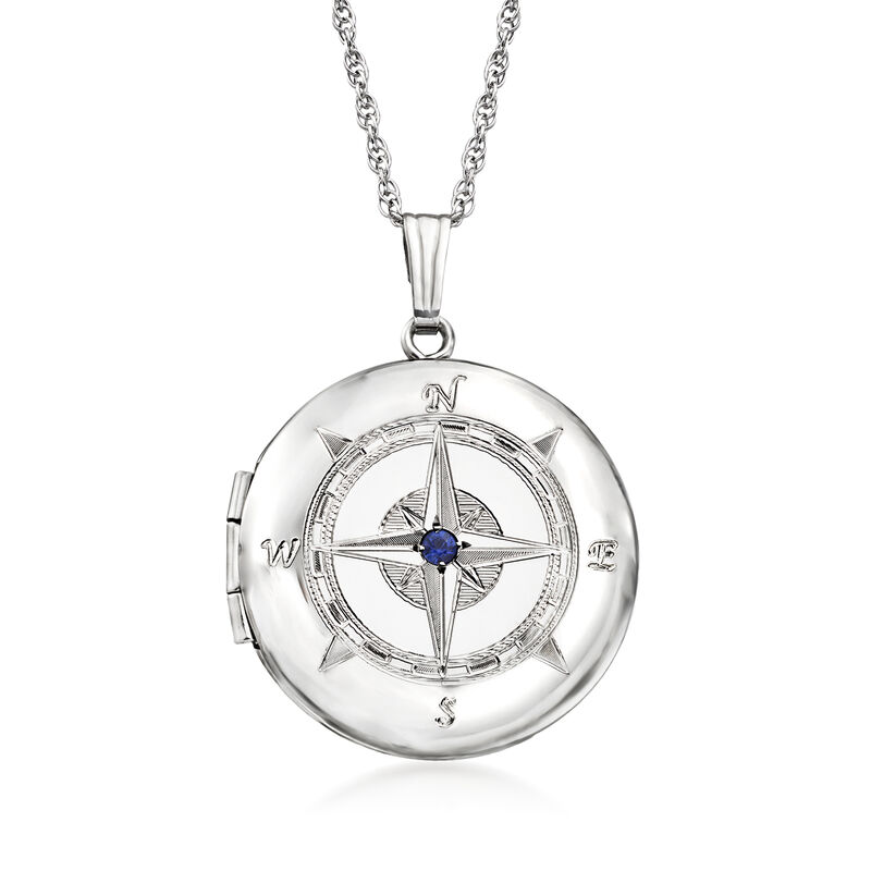 Sterling Silver Compass Locket Necklace with Single Sapphire image number 0