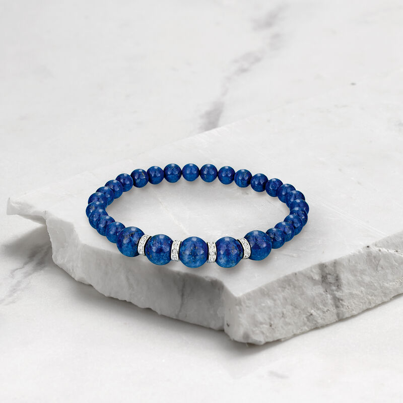 6-8mm Lapis Bead and .24 ct. t.w. Diamond Stretch Bracelet with Sterling Silver image number 3