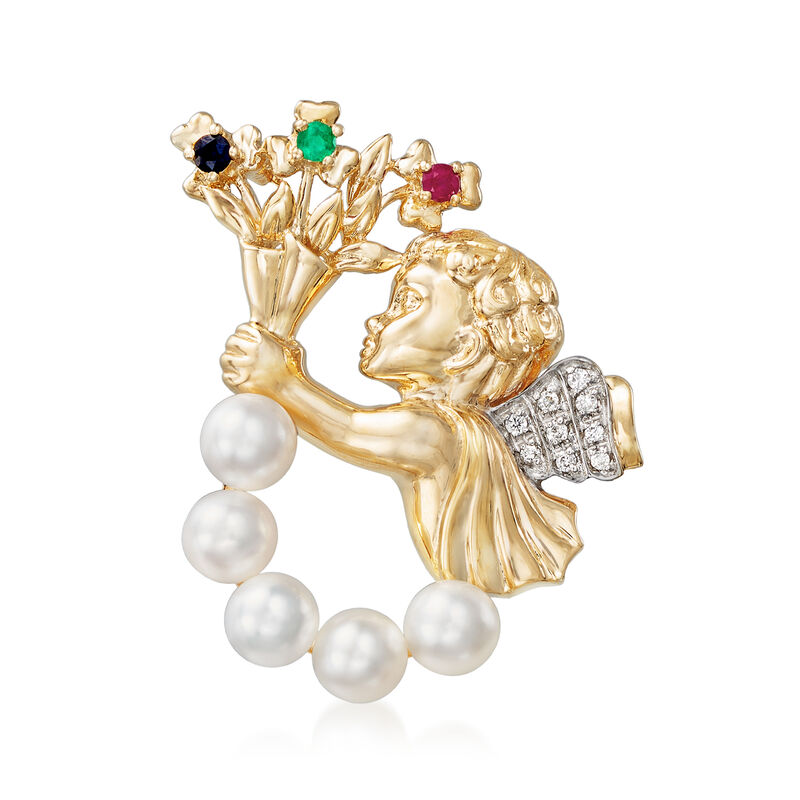 Cultured Pearl and .17 ct. t.w. Multi-Gem Cupid Pin with Diamond Accent in 14kt Gold image number 0