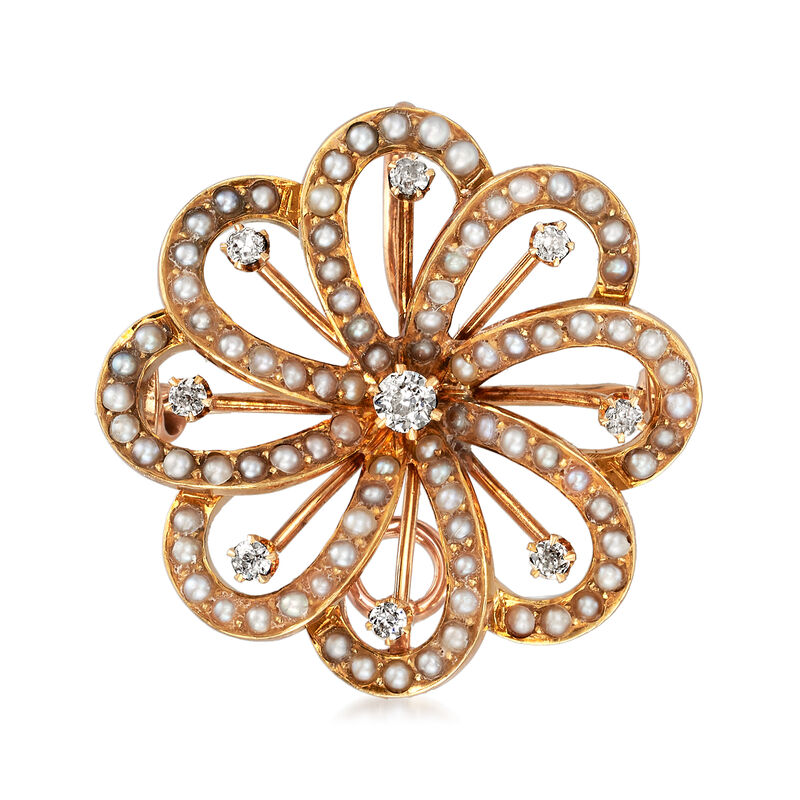 C. 1930 Vintage .25 ct. t.w. Diamond and Seed Pearl Flower Pin Pendant in 14kt Yellow Gold image number 0