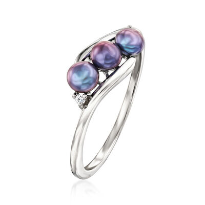 3.5-4mm Black Cultured Pearl Ring with Diamonds in Sterling Silver