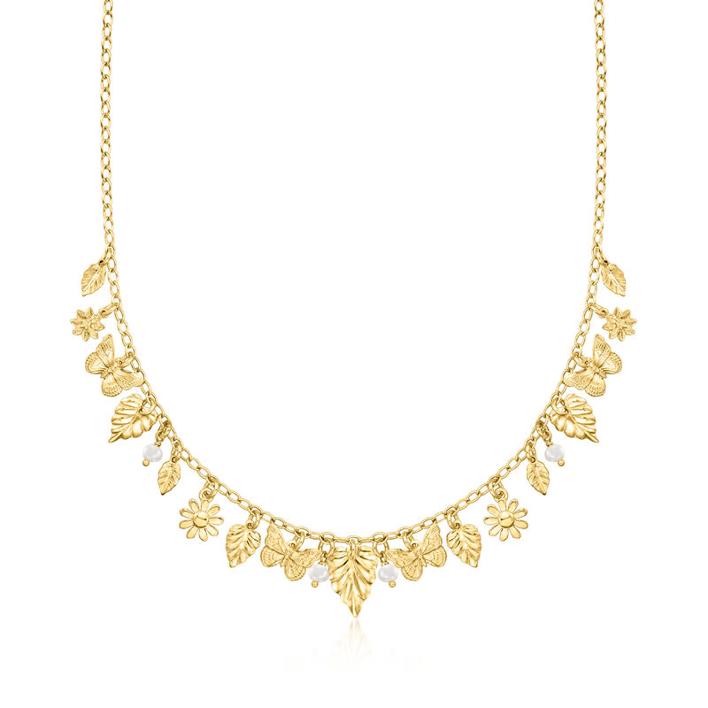 Italian 18kt Gold Over Sterling Spring-Inspired Charm Necklace with 3.5-4mm Cultured Pearls. 18" image number 1