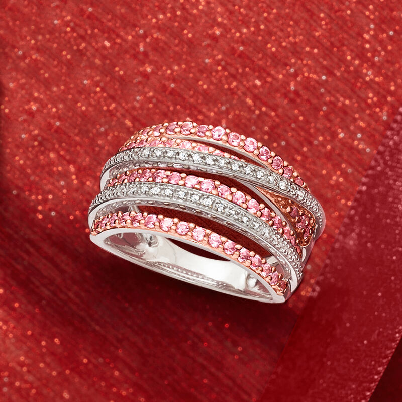 1.00 ct. t.w. Pink Sapphire and .15 ct. t.w. Diamond Highway Ring in Two-Tone Sterling Silver image number 4