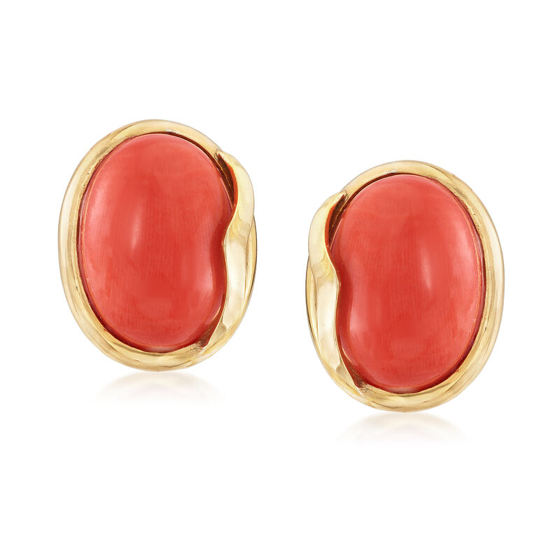 C. 1970 Vintage Orange Coral Cabochon Earrings in 18kt Yellow Gold image number 0