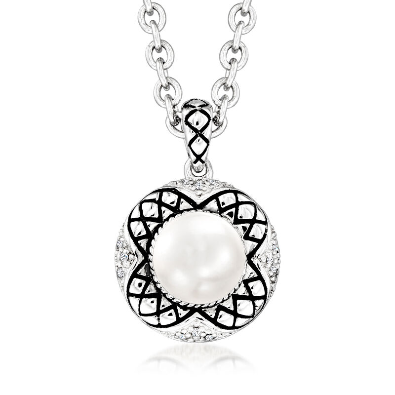Andrea Candela "Vida De Plata" 8-8.5mm Cultured Pearl Pendant Necklace with Diamond Accents and Black Enamel in Sterling Silver image number 0
