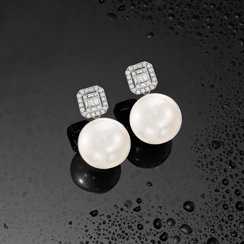 12-14mm Cultured Pearl and .42 ct. t.w. Diamond Earrings in 18kt White Gold image number 2