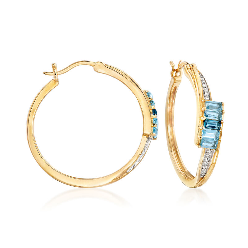 1.18 ct. t.w. Tonal Blue Topaz and .10 ct. t.w. Diamond Hoop Earrings in 18kt Gold Over Sterling image number 0