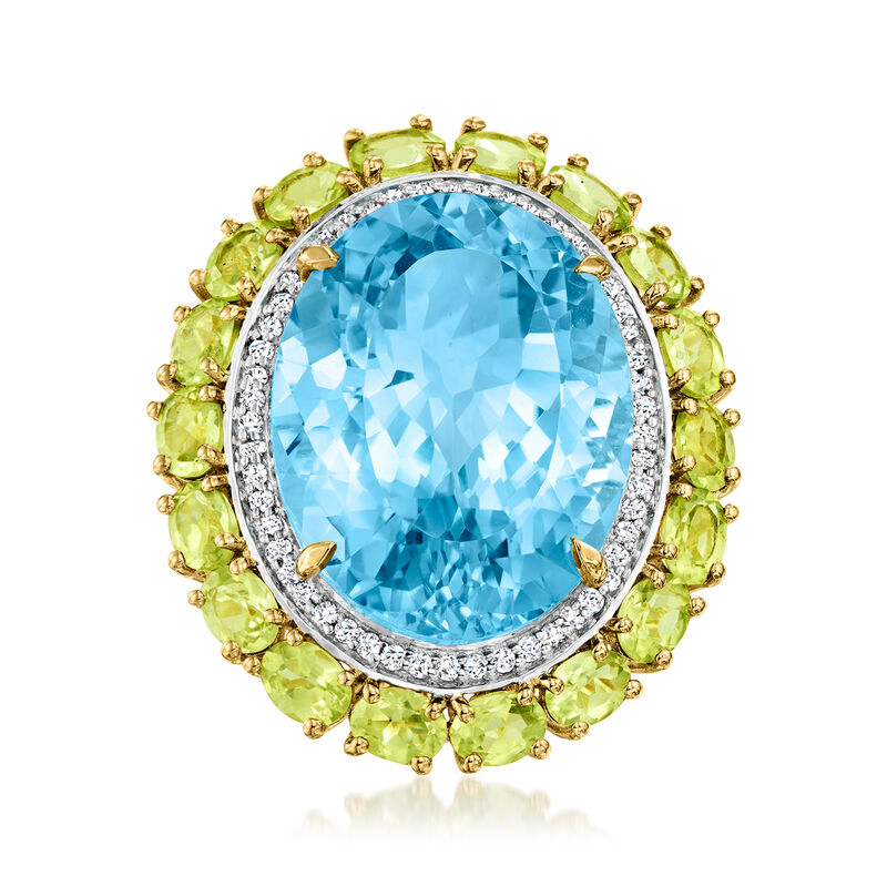 20.00 Carat Swiss Blue Topaz Ring with 3.20 ct. t.w. Peridots and .30 ct. t.w. White Topaz in 18kt Gold Over Sterling image number 0