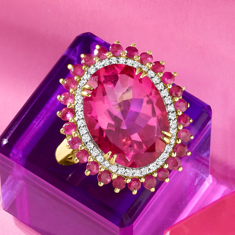 8.25 Carat Pink Topaz and .90 ct. t.w. Ruby Cocktail Ring with .19 ct. t.w. Diamonds in 14kt Yellow Gold image number 3
