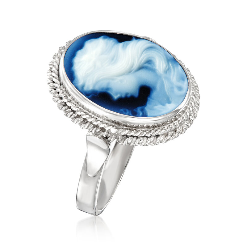 Italian Blue Agate Cameo Ring in Sterling Silver image number 2