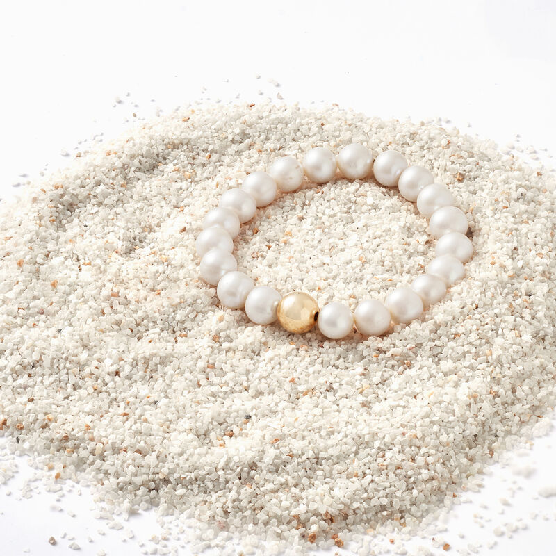 9-9.5mm Cultured Pearl and 14kt Yellow Gold Bead Stretch Bracelet image number 5