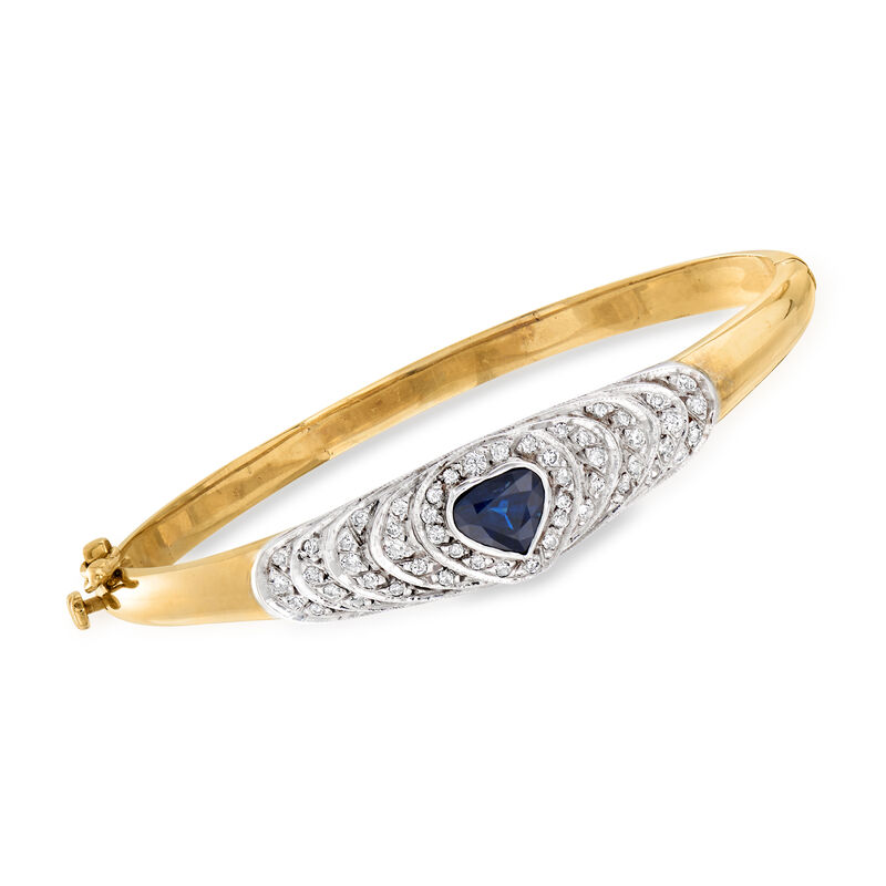 C. 1980 Vintage 1.25 Carat Sapphire and .75 ct. t.w. Diamond Heart Bangle Bracelet in 14kt Yellow Gold image number 0