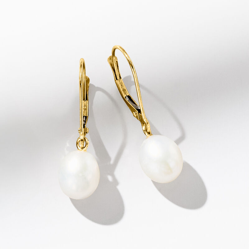 8-8.5mm Cultured Pearl Oval Drop Earrings in 14kt Yellow Gold image number 4