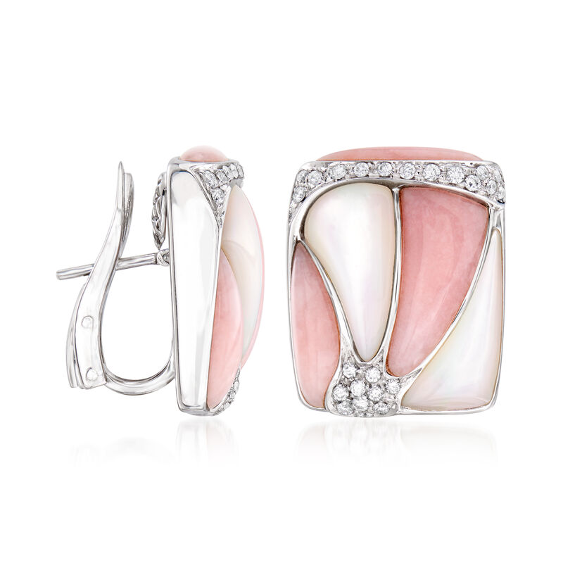 C. 1980 Vintage Pink Jade, Mother-Of-Pearl and .65 ct. t.w. Diamond Earrings in 18kt White Gold image number 2