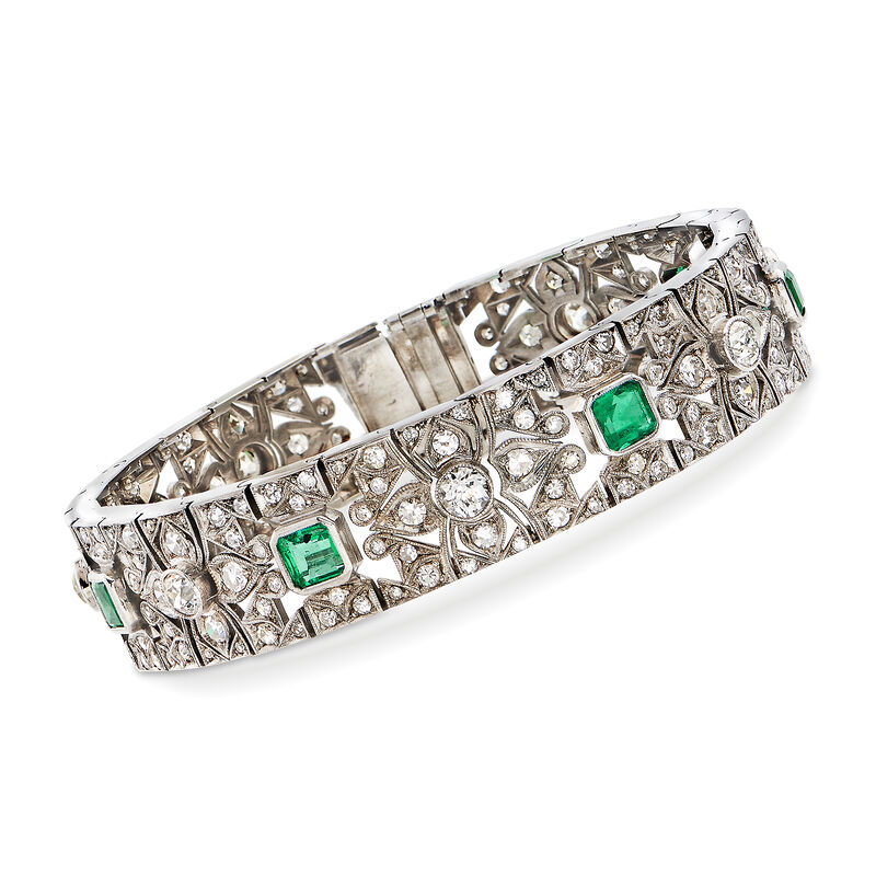 C. 1950 Vintage 5.65 ct. t.w. Diamond and 2.40 ct. t.w. Emerald Bracelet in 14kt White Gold image number 0