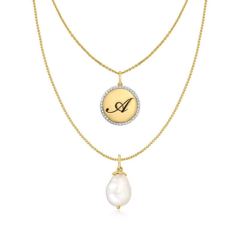 18kt Gold Over Sterling Layered Initial Necklace with 11-12mm Cultured Baroque Pearl and Diamonds image number 0
