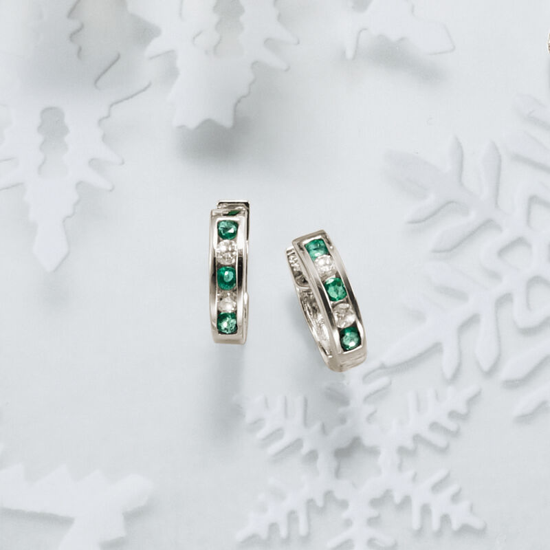 .25 ct. t.w. Emerald and .15 ct. t.w. Diamond Hoop Earrings in 14kt White Gold image number 2