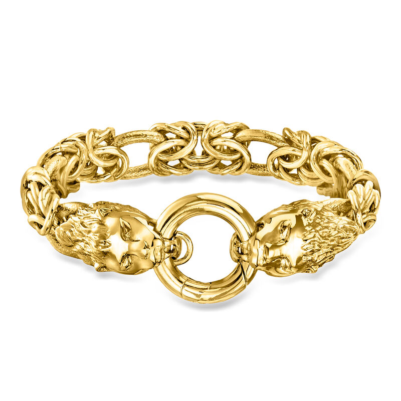 Italian 14kt Yellow Gold-Plated Double Lion Head Byzantine Bracelet image number 0