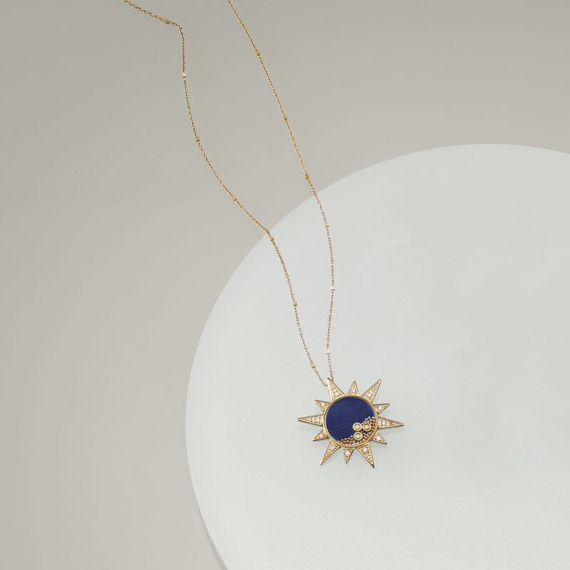 Blue Sandstone and .15 ct. t.w. Diamond Sun Pendant Necklace in 14kt Yellow Gold image number 3