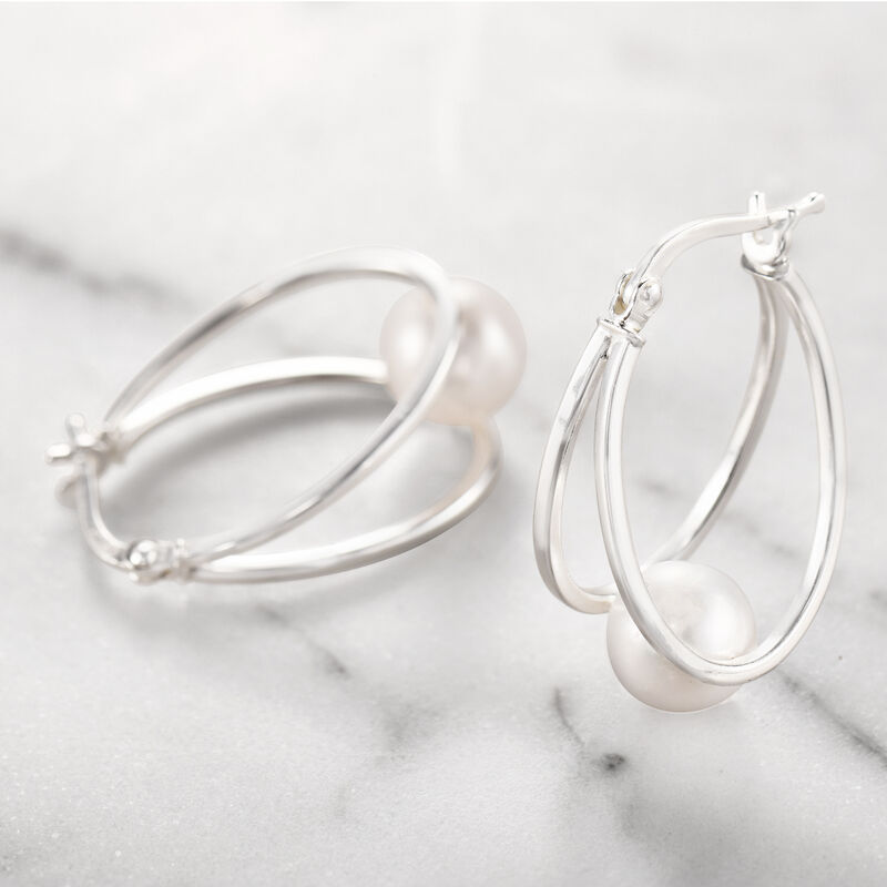 8-9mm Cultured Pearl Double-Hoop Earrings in Sterling Silver. 1&quot; image number 3