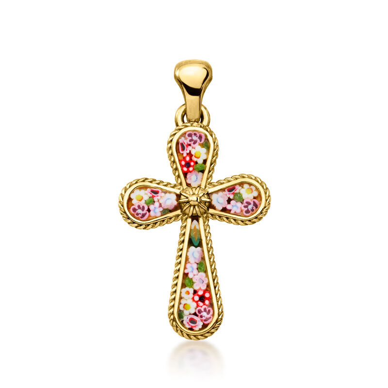 Italian Multicolored Murano Glass Floral Mosaic Cross Pendant in 18kt Gold Over Sterling image number 1