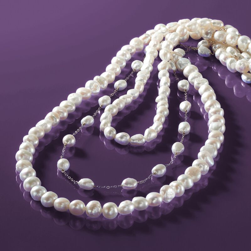 7-10mm Cultured Semi-Baroque Pearl Jewelry Set: Three Endless Necklaces with 14kt Yellow Gold. 24-36&quot; image number 4