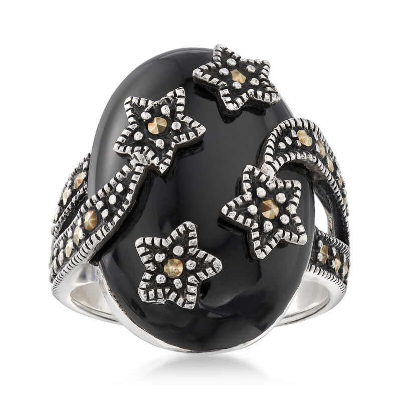 Onyx and Marcasite Star Cocktail Ring in Sterling Silver image number 0