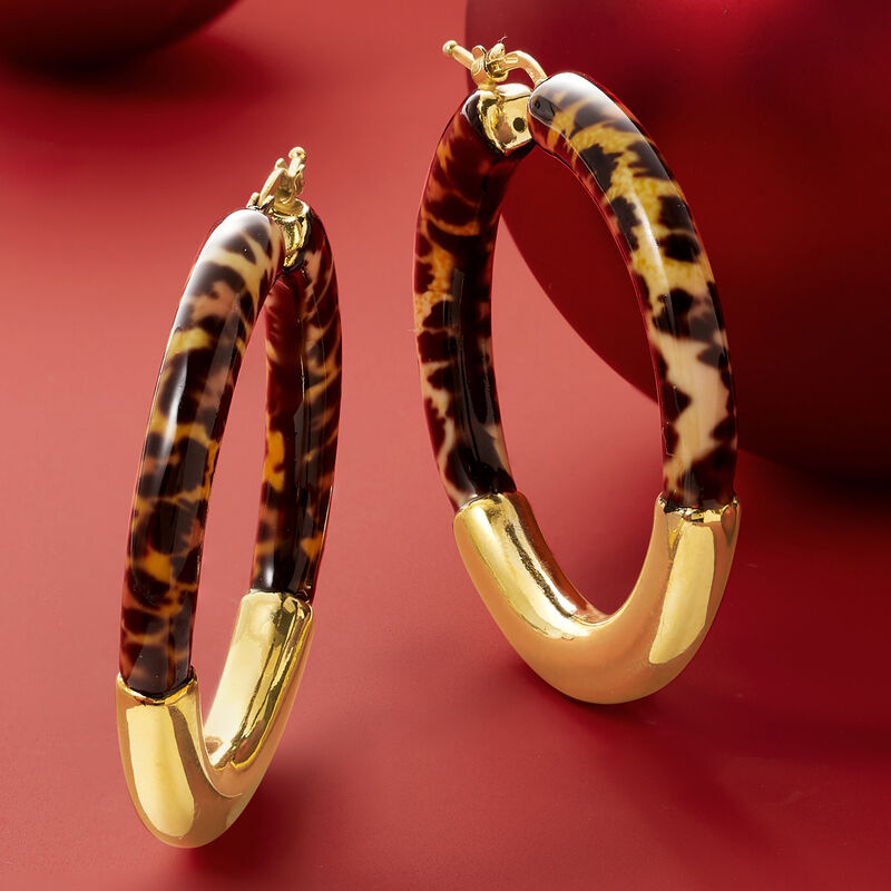 Italian Leopard-Print Enamel and 18kt Gold Over Sterling Hoop Earrings image number 3