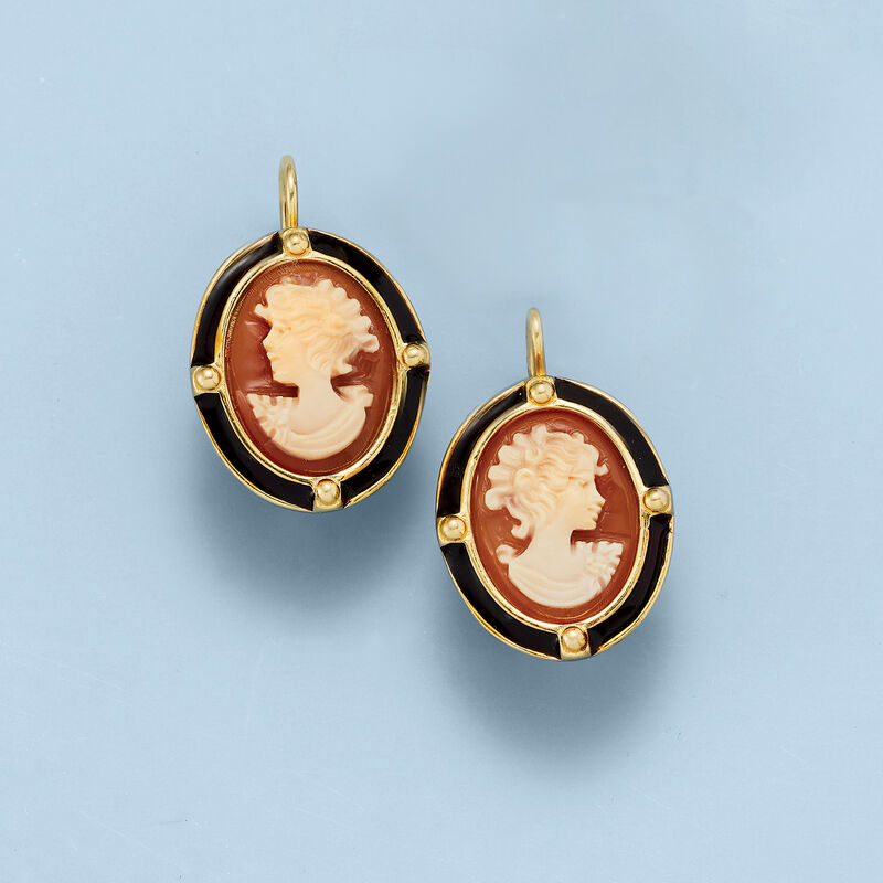 Italian Orange Shell Cameo Drop Earrings with Black Enamel in 18kt Gold Over Sterling image number 3