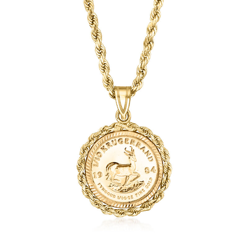 C. 1980 Vintage 22kt, 14kt and 10kt Yellow Gold Krugerrand Coin Pendant Necklace image number 0
