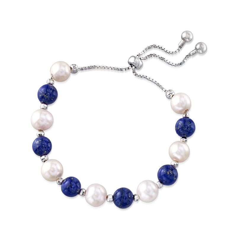 Lapis and 8-9mm Cultured Pearl Bolo Bracelet in Sterling Silver  image number 2