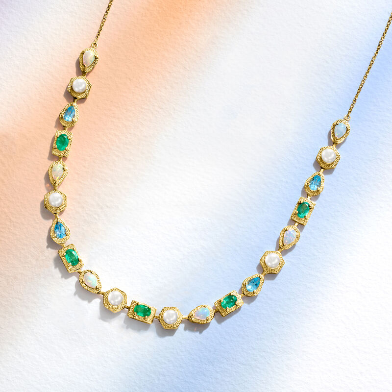 Opal and 4.5-5mm Cultured Pearl Necklace with 2.40 ct. t.w. Emeralds and 2.00 ct. t.w. Swiss Blue Topaz in 18kt Gold Over Sterling. 18" image number 2