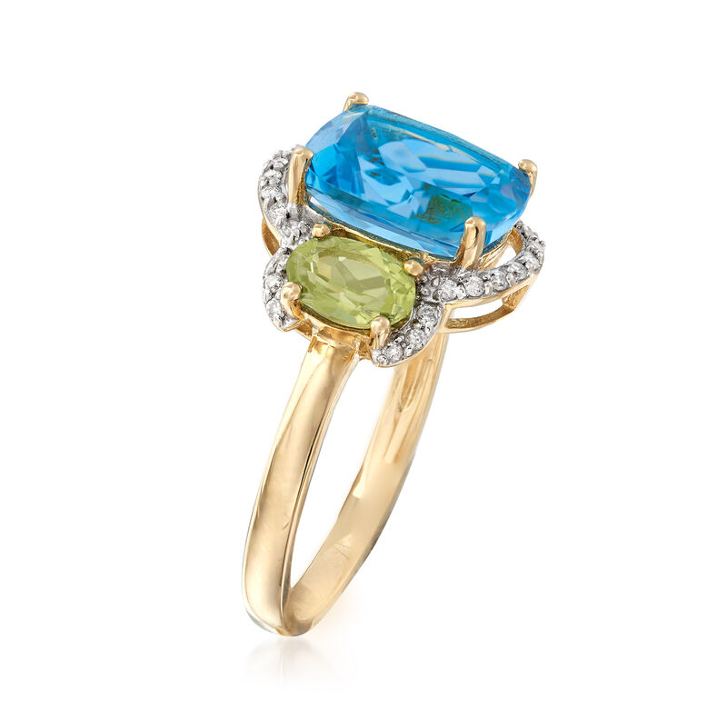 3.60 Carat Blue Topaz, .90 ct. t.w. Peridot and .11 ct. t.w. Diamond Ring in 14kt Yellow Gold image number 2
