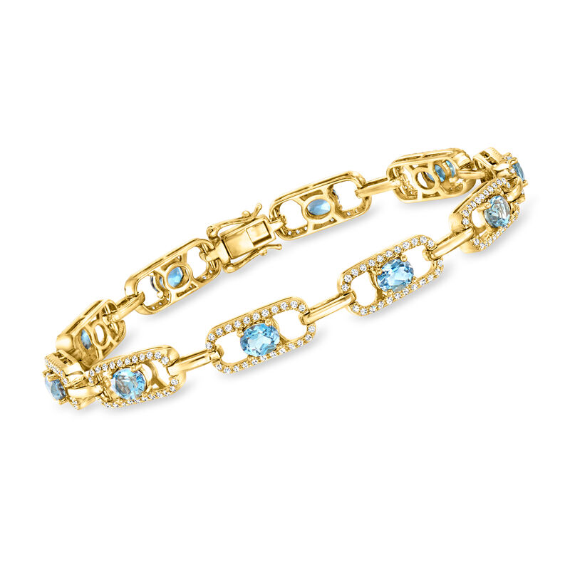 3.60 ct. t.w. Aquamarine and .94 ct. t.w. Diamond Oval-Link Bracelet in 18kt Yellow Gold. 7.25&quot; image number 0