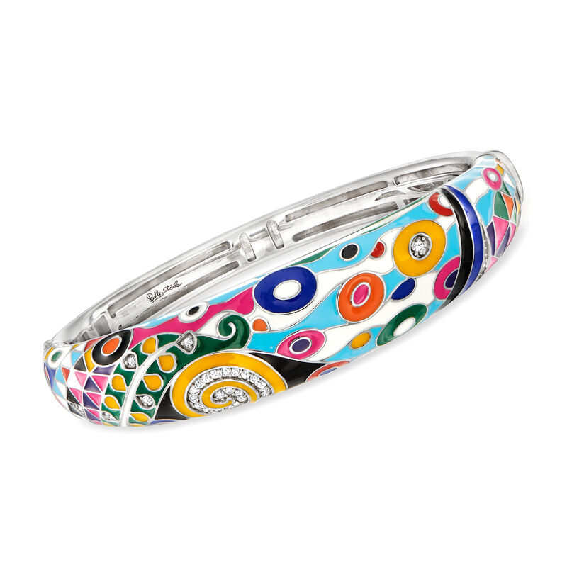 Belle Etoile &quot;Viva&quot; Multicolored Enamel Bangle Bracelet with .20 ct. t.w. CZs in Sterling Silver. 7.5&quot; image number 0