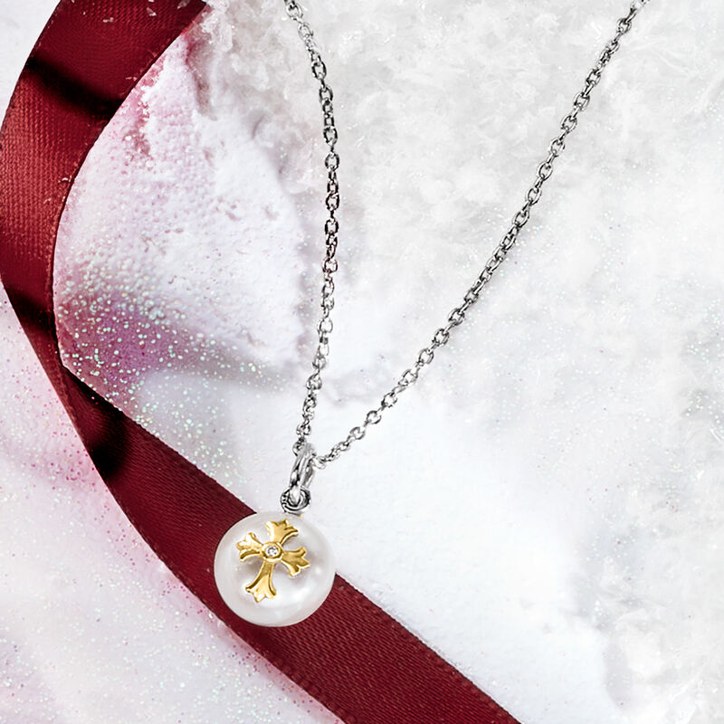 8.5-9mm Cultured Pearl Cross Pendant Necklace with Single Diamond in 14kt Yellow Gold and Sterling Silver. 18&quot; image number 3