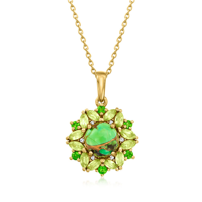Green Turquoise and 1.00 ct. t.w. Multi-Gemstone Pendant Necklace with White Zircon in 18kt Gold Over Sterling. 18&quot; image number 1