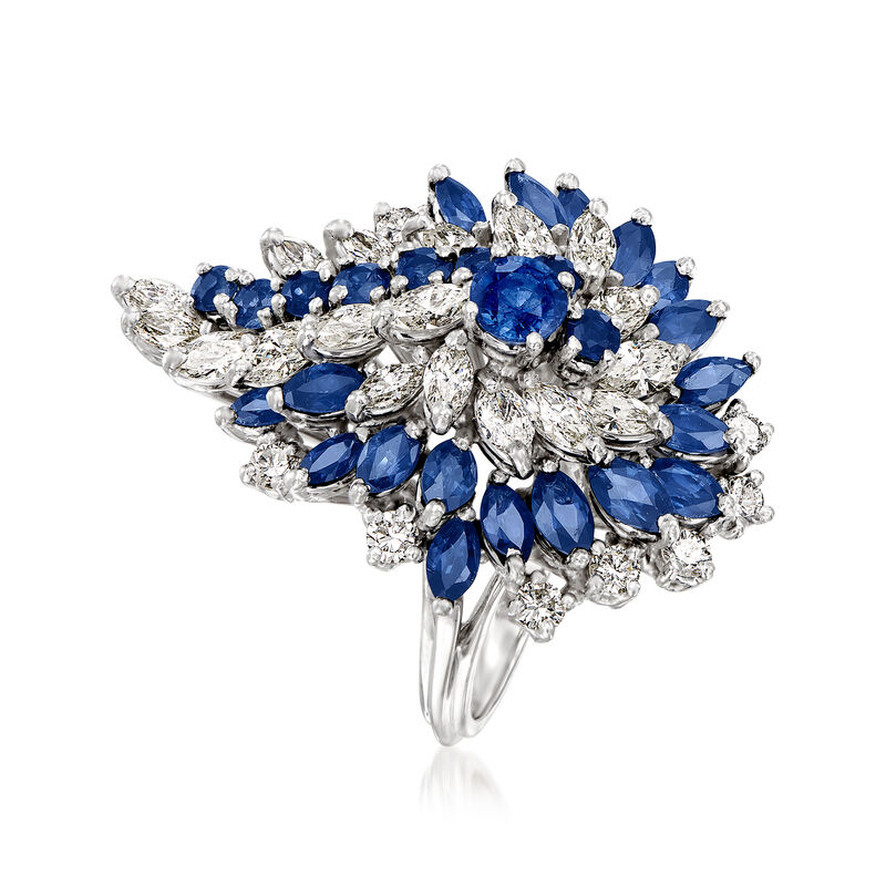 C. 1970 Vintage 5.20 ct. t.w. Sapphire and 3.25 ct. t.w. Diamond Waterfall Cocktail Ring in 14kt White Gold image number 2