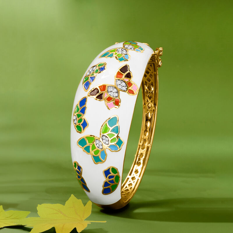 3.00 ct. t.w. White Topaz and Multicolored Enamel Butterfly Bangle Bracelet in 18kt Gold Over Sterling image number 2